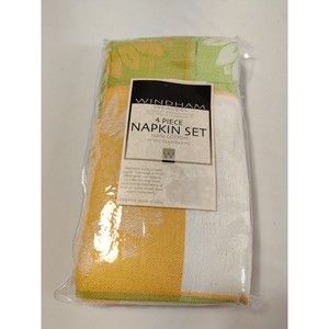 WINDHAM WEAVERS  PLAID SET OF 4 WOVEN NAPKINS, NEW White yellow green